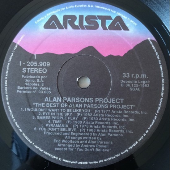 The Alan Parsons Project ''The Best Of The Alan Parsons Project'' (LP) 