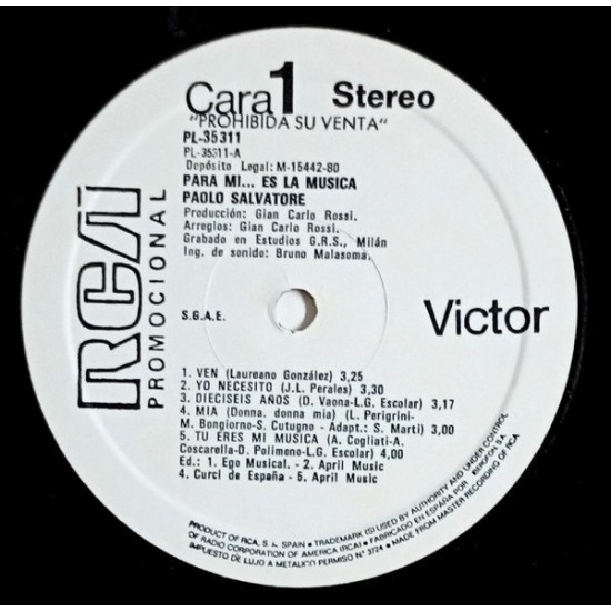 Paolo Salvatore - Para Mi...Es La Música (LP) Paolo Salvatore - Para Mi...Es La Música (LP)